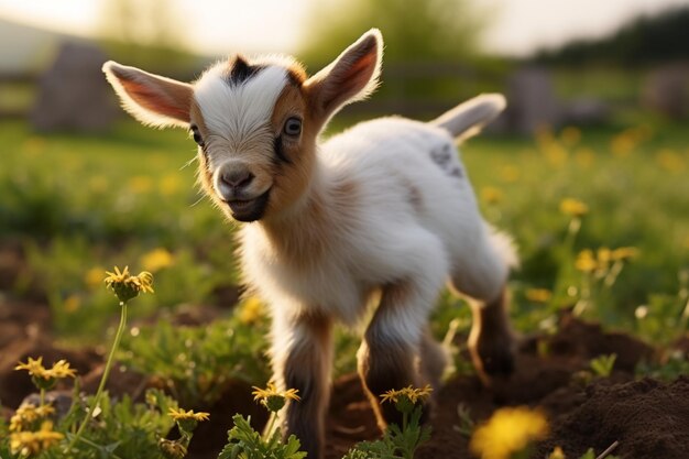 Cute little baby goat in the field