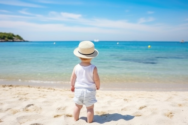 Милый маленький ребенок стоит на пляже.