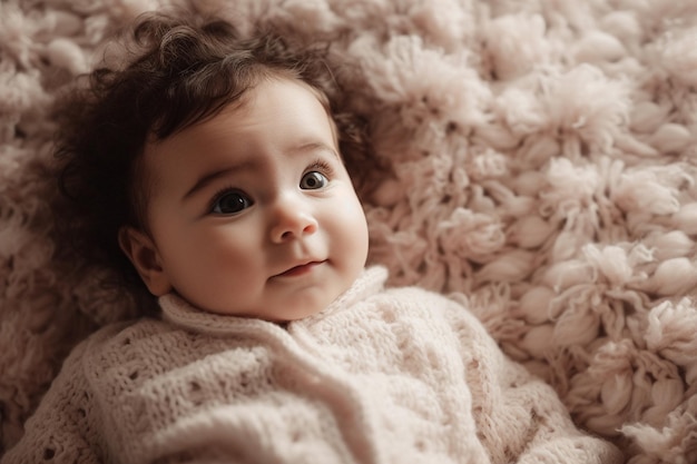 Cute little baby lying on soft blanket at home closeup