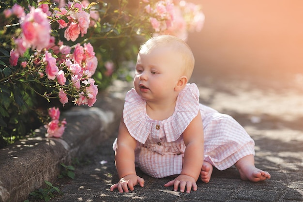 写真 屋外でかわいい赤ちゃんバラのかわいい小さな女の子が庭でかわいい子供