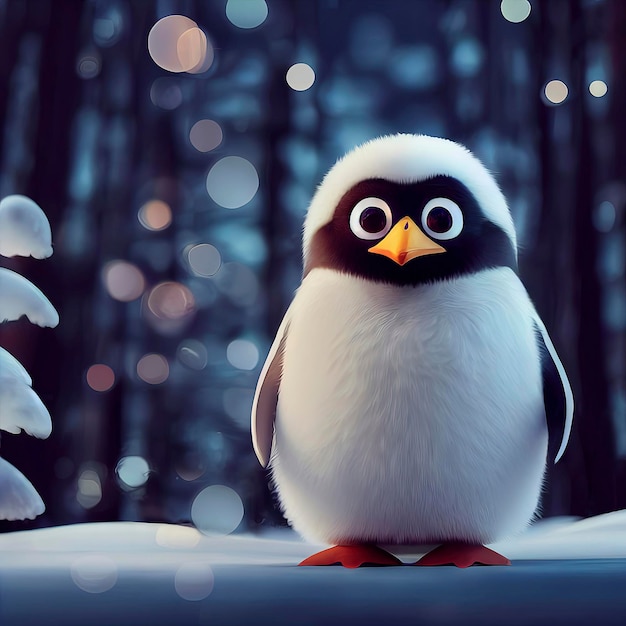 Cute little baby penguin in winter landscape