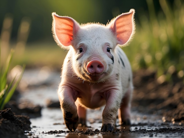 Cute little baby piglet playing in green field animal background