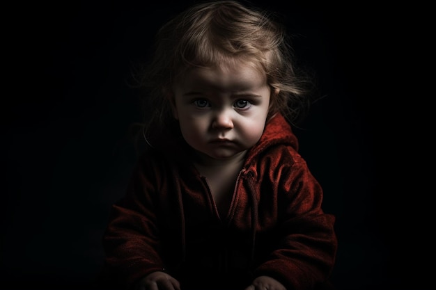 Симпатичный маленький ребенок сидит на полу в студии темной комнаты