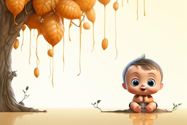 cute little baby sitting under a tree with orange leaves 3d rendering