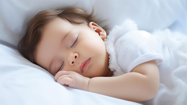 Cute little baby sleeping in bed at home closeup portrait