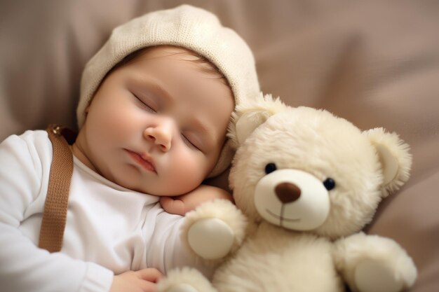 Cute little baby sleeping with teddy bear on bed at home A newborn baby sleeping with a teddy bear on a comfy white bed AI Generated