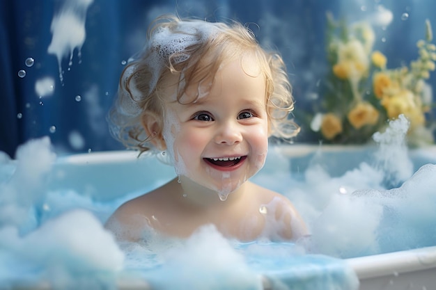 Cute little baby taking a bath with foam and soap bubbles