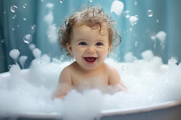 Cute little baby taking a bath with foam and soap bubbles