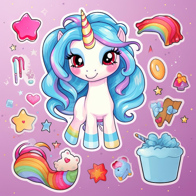 Cute little baby unicorn with rainbow and flowers vector illustration set Generative AI