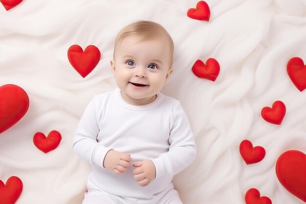 Photo cute little baby in white bodysuit on a blanket with red hearts