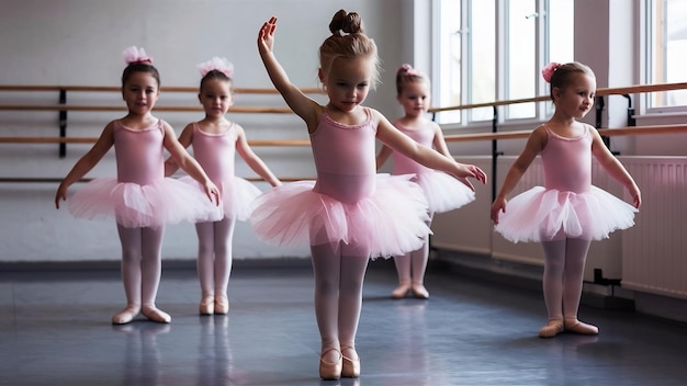 Cute little ballerinas in pink ballet costume child in a pointe shoes is dancing in the room