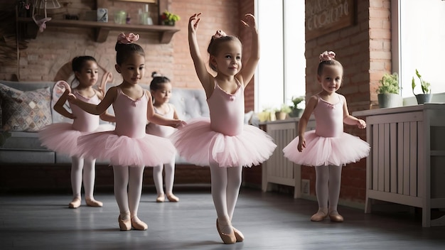 Cute little ballerinas in pink ballet costume children in a pointe shoes is dancing in the room