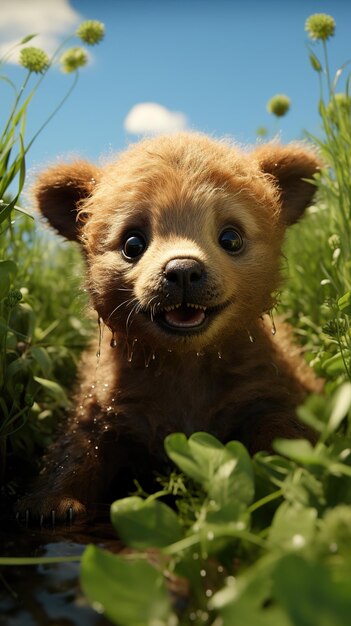 かわいい小さなクマが緑の草の上で楽しく遊んでいた