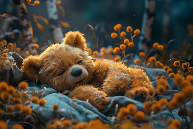 Cute little bear sleeping among yellow flowers spring is coming concept