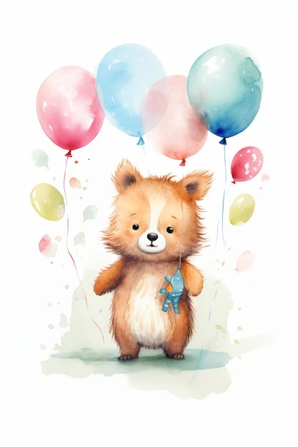 Cute little bear with balloons isolated on white background