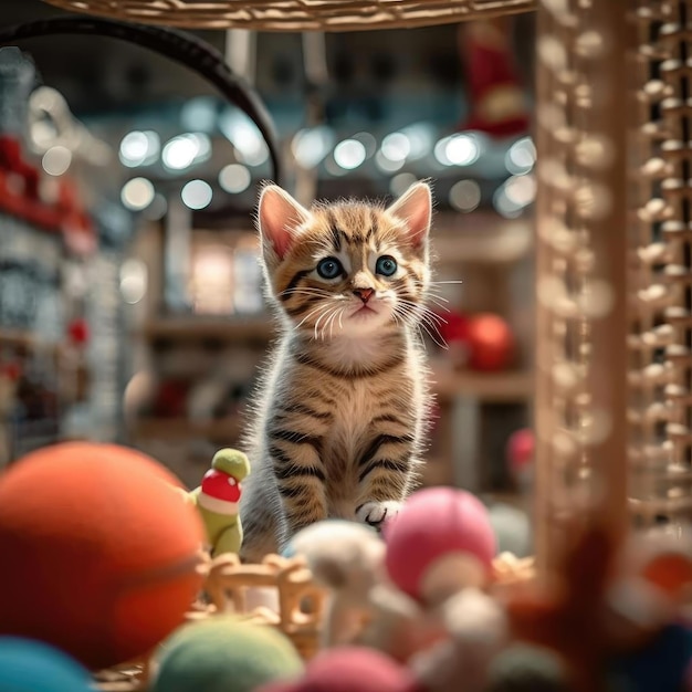 Cute little bengal kitten in a basket with toys