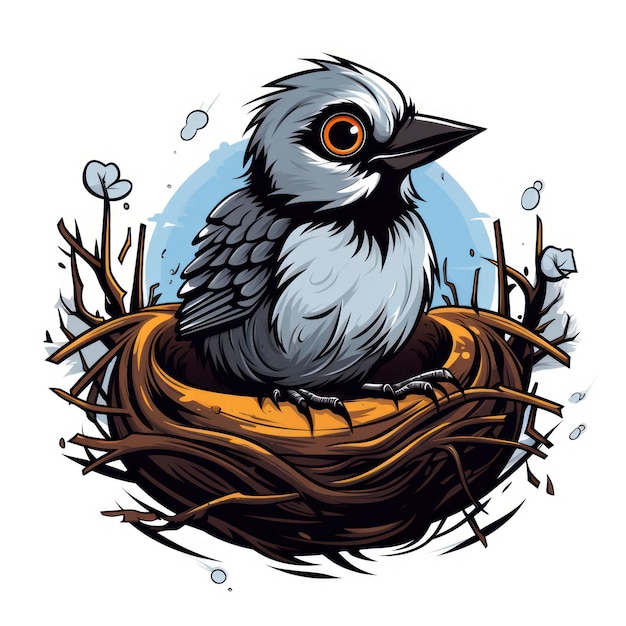 Симпатичная маленькая птичка в гнезде для футболки с черными очертаниями на белом фоне