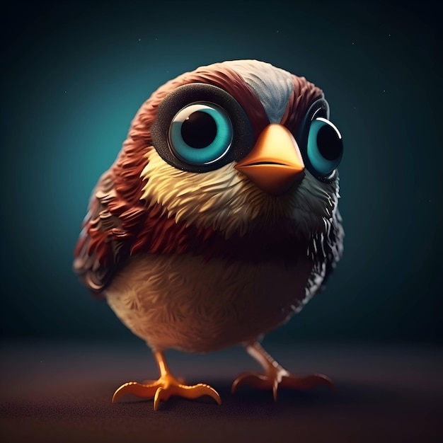 Милая маленькая птичка с большими глазами на темном фоне 3D рендеринг