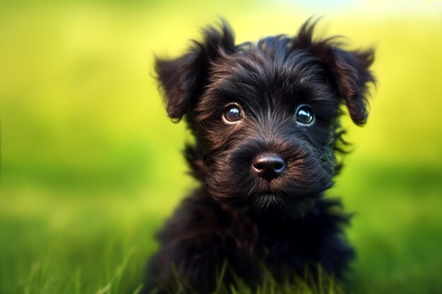 Cute little black puppy on green grass outdoors AI generated