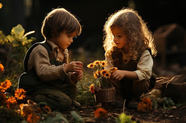 Фото Милый мальчик и девочка сажают цветы в саду на закате