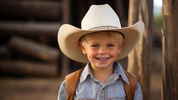 Photo cute little boy in cowboy hat on the background of a farm life on the farm southern boy