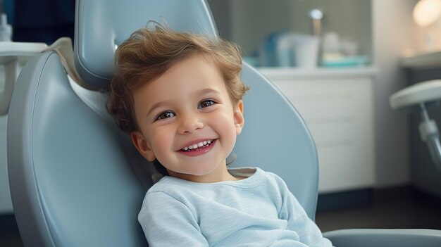 A cute little boy in a dental clinic Sitting in a dentist39s chair and smiling a beautiful smile with white teeth