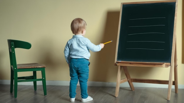 家でブラックボードに絵を描く可愛い小さな男の子 教育コンセプト
