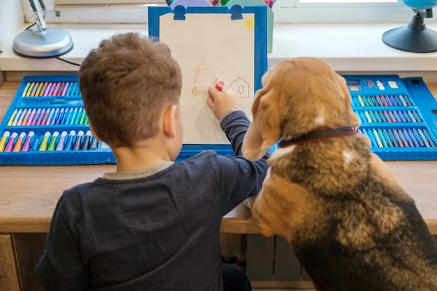 かわいい男の子は、テーブルに座っているフェルトペンで描きます。ビーグル犬は私の隣に面白く座っています