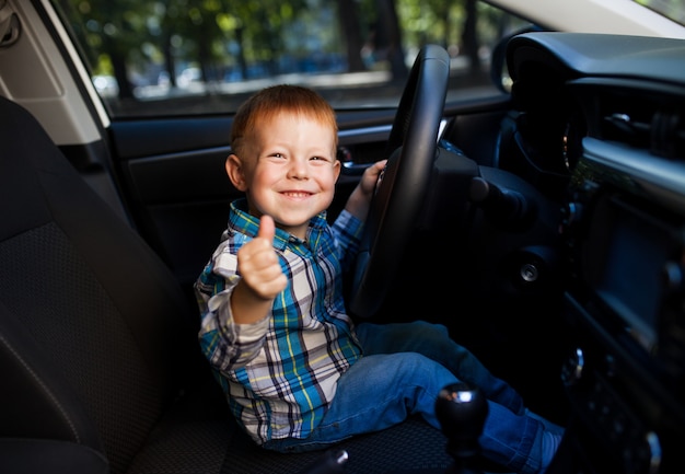 父親の車を運転してかわいい男の子