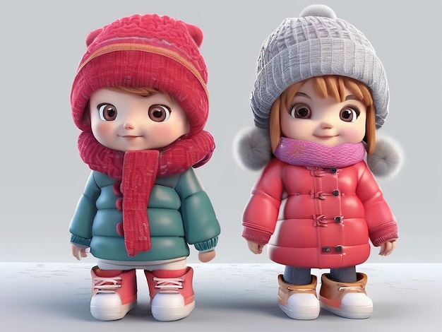Cute little boy and girl in winter clothes 3d rendering