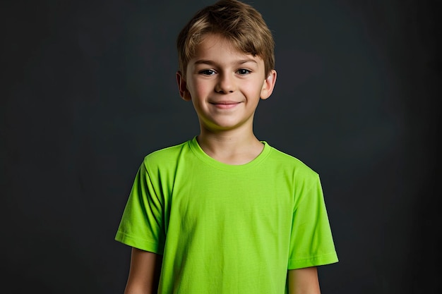 Cute little boy in a green tshirt on a black background Kids tshirt mockupx9