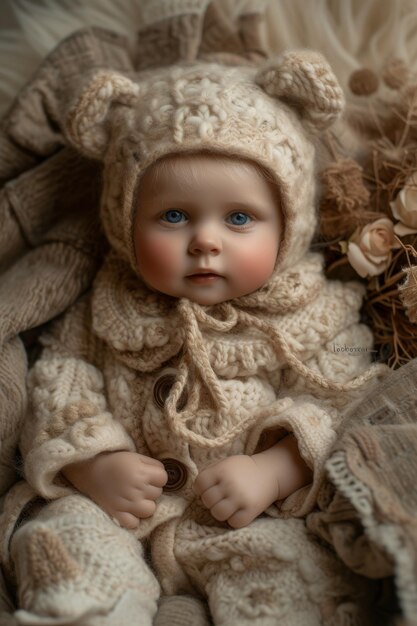 Cute little boy in handmade knitted clothes posing for the camera