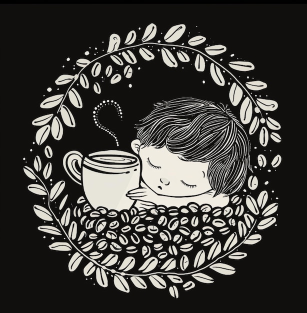 コーヒーカップを持ってコーヒー豆の上で眠っている可愛い小さな男の子