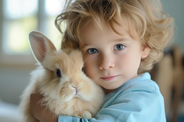 Foto un ragazzino carino tiene e abbraccia un coniglio soffice in braccio in casa animali domestici coniglietto di pasqua