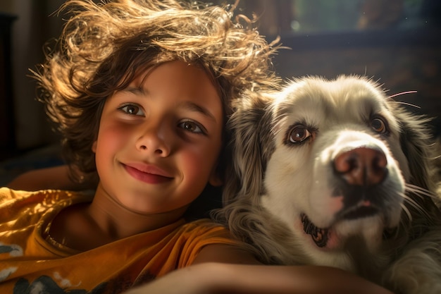 Photo cute little boy hugging his dog friendship child and dog