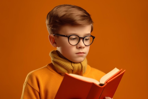 Фото Милый маленький мальчик в очках читает книгу на оранжевом фоне, генеративный ии
