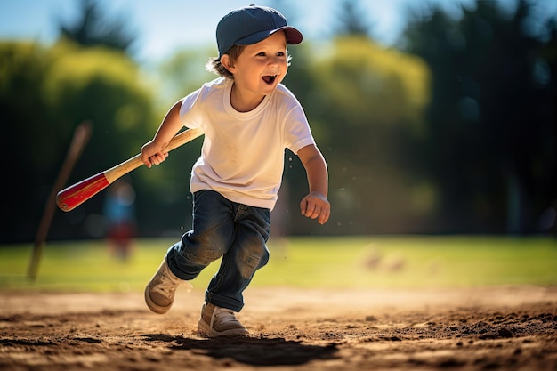 A cute little boy is playing baseball on the baseball field