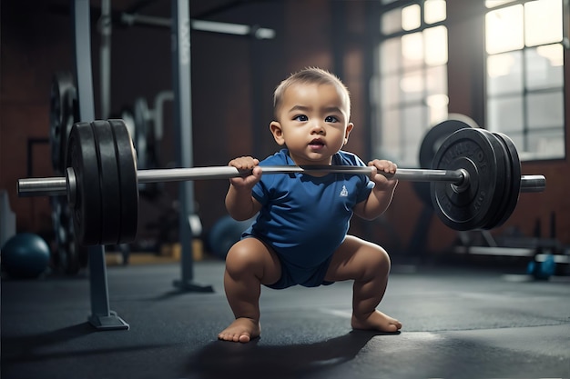 Cute little boy lifting a barbell Fitness and healthy lifestyle