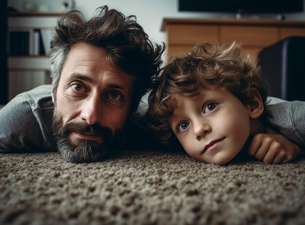 Foto un ragazzino carino sdraiato sul pavimento.