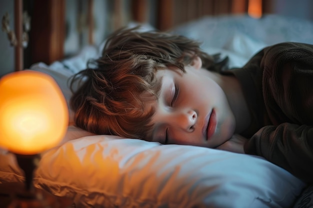 Cute little boy lying on side on bed and sleeping on white pillow Generative AI