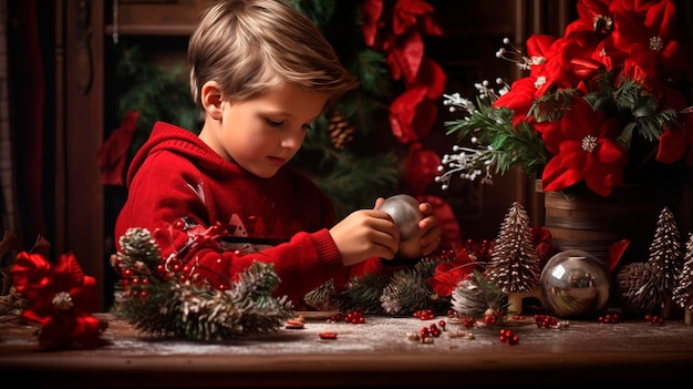 Cute little boy making Christmas decoration
