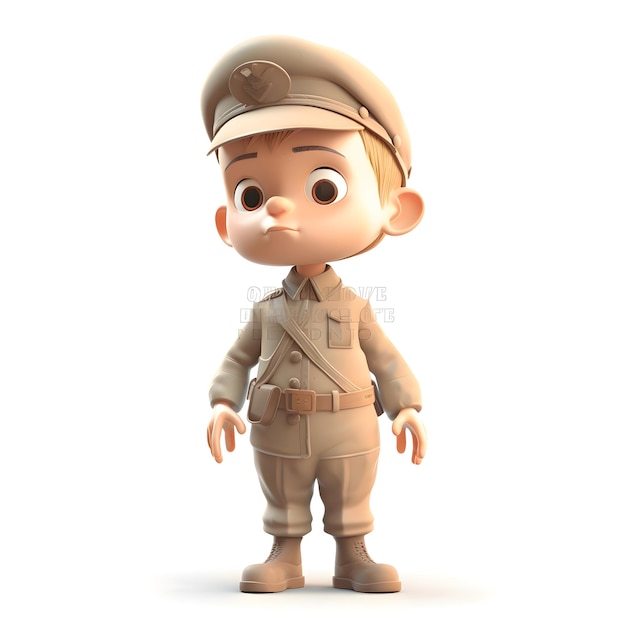 軍服を着た可愛い男の子 3Dレンダリング 白い背景