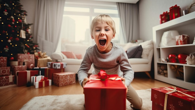 a cute little boy opening a gift box in the living room