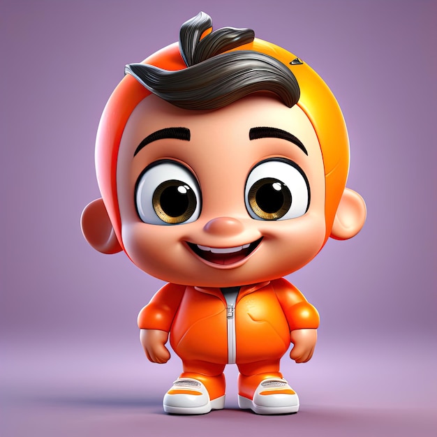 cute little boy in orange clothes is posing with a big orange cap 3 d illustration