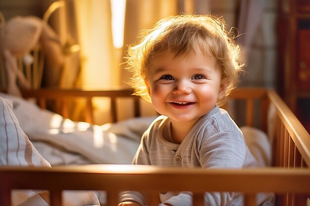 Cute little boy playing in crib at home