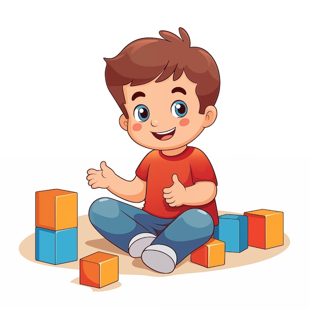 Photo cute little boy playing with blocks illustration in cartoon style generative ai