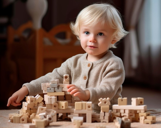 Фото Милый маленький мальчик играет с деревянными кубиками дома концепция раннего развития