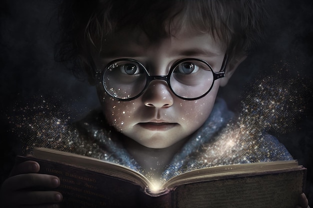 Фото Милый маленький мальчик читает книгу портрет ребенка в очках