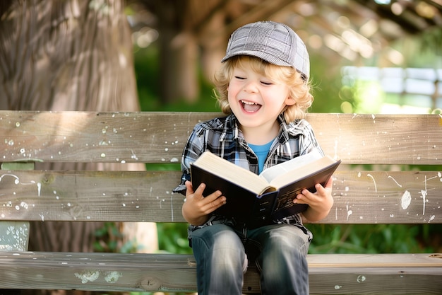 Милый маленький мальчик читает священную Библию в деревне