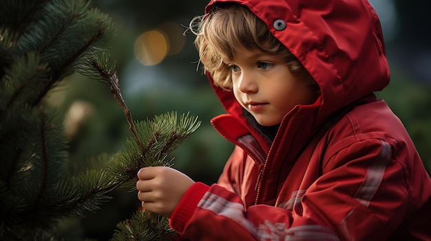 Photo cute little boy in red jacket choosing christmas tree outdoors